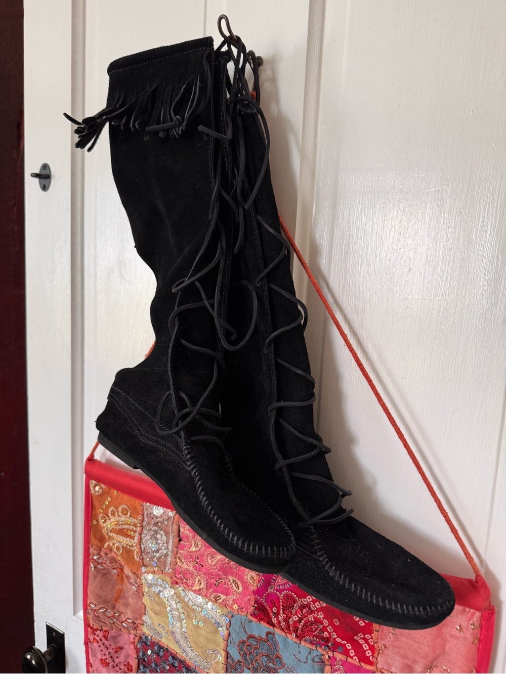 Minnetonka Black Suede Lace-Up Fringe Knee-High Boots